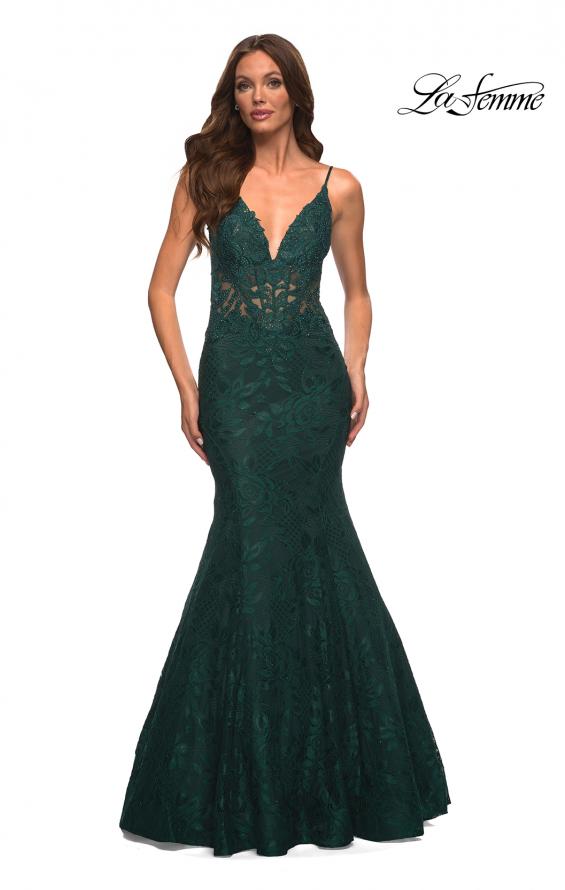 Picture of: Mermaid Lace Prom Dress with Sheer Jeweled Bodice in Green, Style: 30320, Detail Picture 4