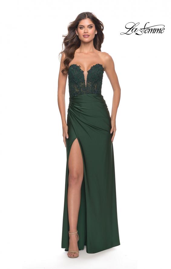 Picture of: Long Dress with Jersey Skirt and Lace Illusion Bodice in Dark Emerald, Style: 31182, Detail Picture 4