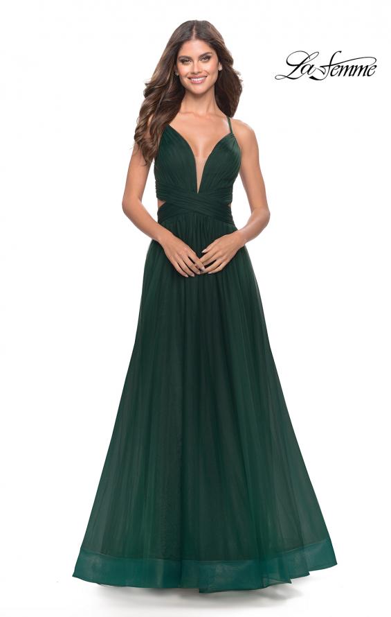 Picture of: Tulle Ball Gown with Side Cut Outs and High Slit in Dark Emerald, Style: 31347, Detail Picture 4