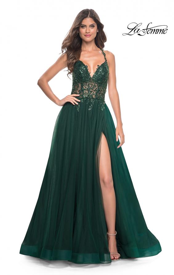 Picture of: Tulle A-Line Gown with Sheer and Beaded Lace Detail in Dark Emerald, Style: 31471, Detail Picture 4
