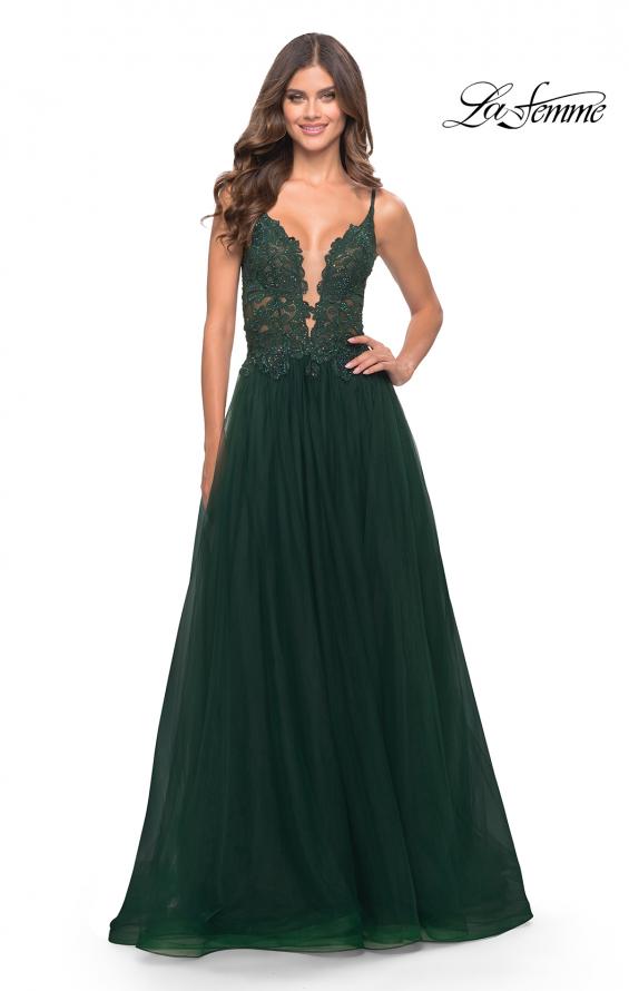 Picture of: A Line Tulle Gown with Lace Bodice and V Back in Dark Emerald, Style: 31507, Detail Picture 4
