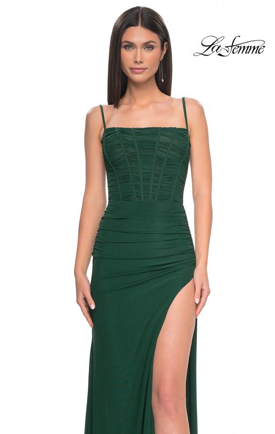Picture of: Bustier Net Jersey Prom Dress with Ruching and High Slit in Dark Emerald, Style: 32161, Detail Picture 4