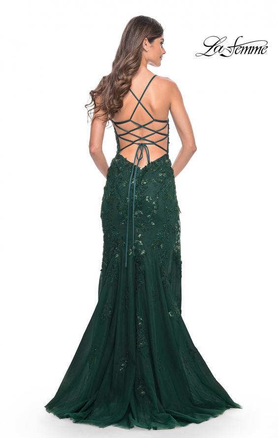 Picture of: Long Tulle Gown with Stunning Beaded Lace Applique Details in Dark Emerald, Style: 32307, Detail Picture 4
