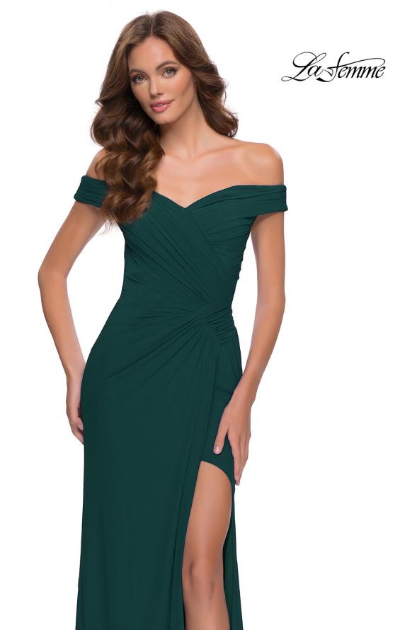 Picture of: Off the Shoulder Net Jersey Dress with Ruching in Dark Emerald, Style 29756, Detail Picture 5