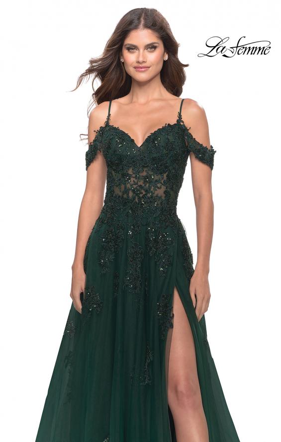 Picture of: A-Line Gown with Beautiful Beaded Lace Applique in Dark Emerald, Style: 31346, Detail Picture 5