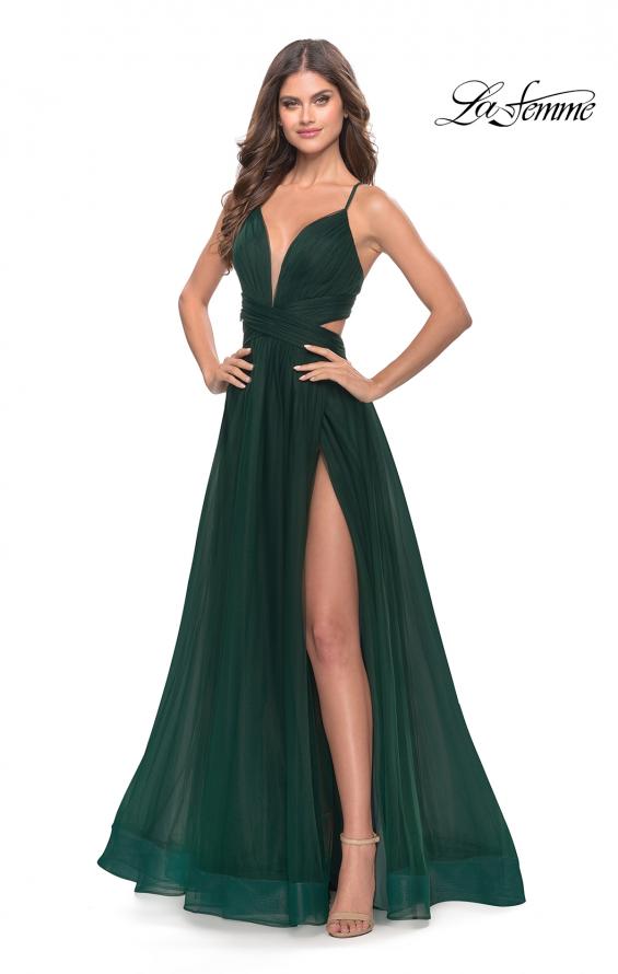 Picture of: Tulle Ball Gown with Side Cut Outs and High Slit in Dark Emerald, Style: 31347, Detail Picture 5