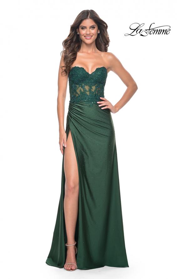 Picture of: Ruched Jersey Skirt with Lace Illusion Top and Rhinestone Prom Dress in Dark Emerald, Style: 32011, Detail Picture 5