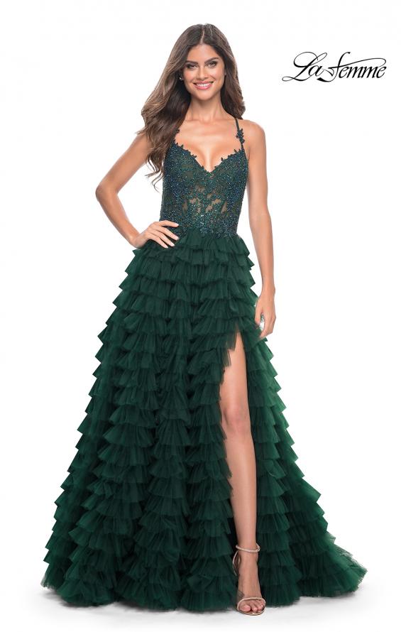 Picture of: Ruffle Tulle Prom Gown with Illusion Lace Bodice and High Slit in Dark Emerald, Style: 32128, Detail Picture 5