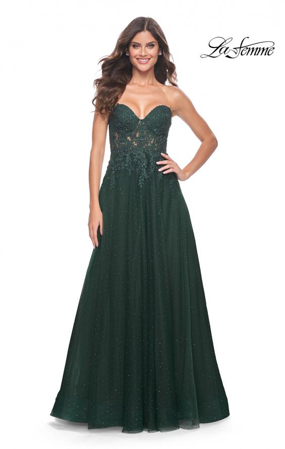 Picture of: Rhinestone Tulle A-Line Gown with Lace Bodice in Jewel Tones in Dark Emerald, Style: 32253, Detail Picture 5