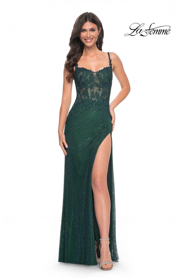 Picture of: Rhinestone Embellished Fishnet Dress with Lace Details in Green, Style: 32409, Detail Picture 5