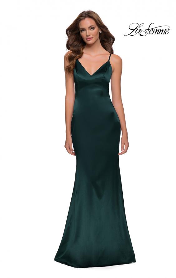 Picture of: Chic Long Stretch Satin Gown with V Neck and Back in Dark Emerald, Style 29960, Detail Picture 6