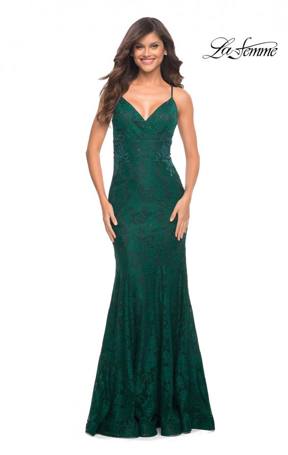 Picture of: Lace Gown with Sheer Lace Applique Side Panels in Green, Style: 30537, Detail Picture 6