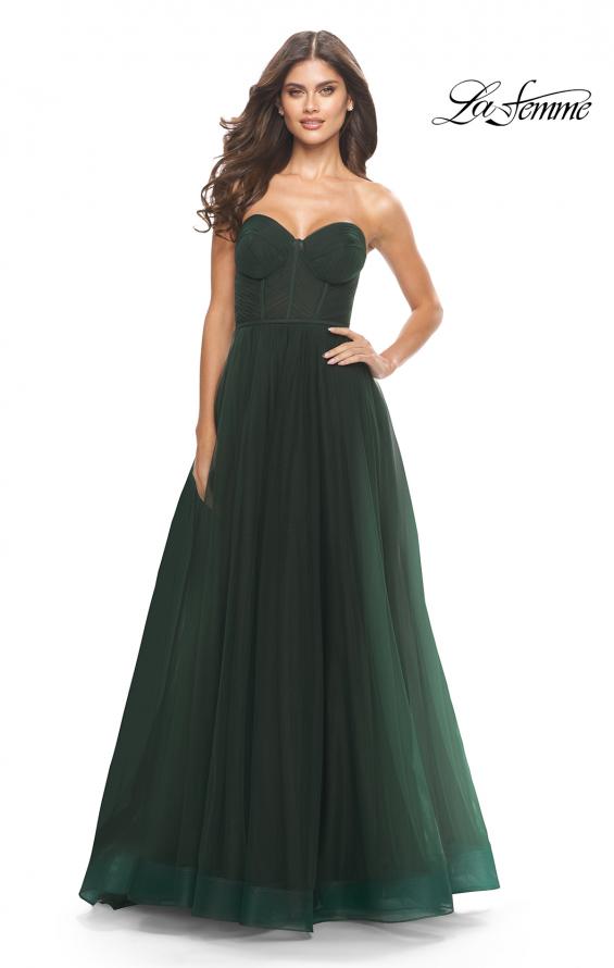 Picture of: Illusion Bodice A-line Gown with Boning and Defined Cups in Dark Emerald, Style: 31205, Detail Picture 6