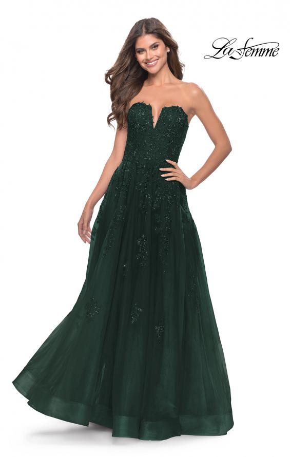 Picture of: Strapless Deep V A-Line Tulle and Lace Gown in Dark Emerald, Style: 31345, Detail Picture 6