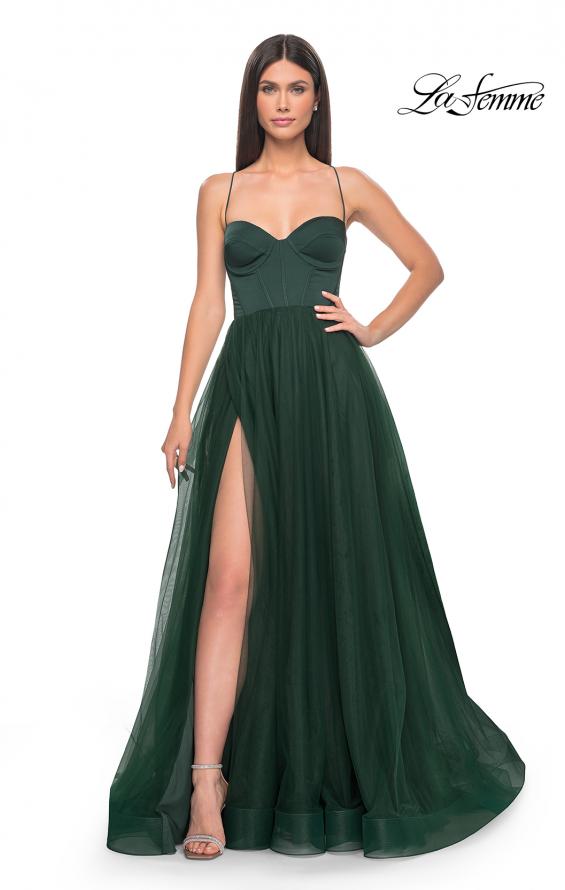 Picture of: Tulle A-Line Gown with Satin Bustier Top in Dark Emerald, Style: 32065, Detail Picture 6