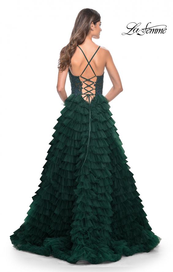 Picture of: Ruffle Tulle Prom Gown with Illusion Lace Bodice and High Slit in Dark Emerald, Style: 32128, Detail Picture 6