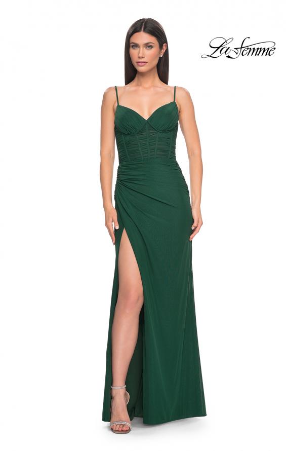 Picture of: Net Jersey Fitted Dress with Ruched Bustier Top in Dark Emerald, Style: 32239, Detail Picture 6