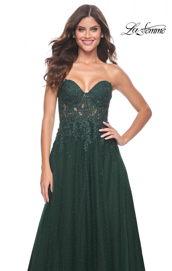 Picture of: Rhinestone Tulle A-Line Gown with Lace Bodice in Jewel Tones in Dark Emerald, Style: 32253, Detail Picture 6