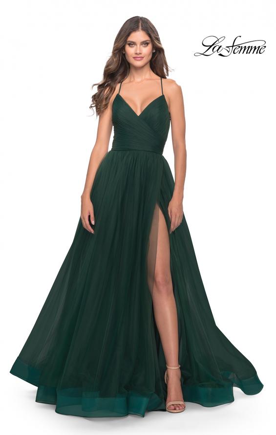 Picture of: Long Tulle A-line Gown with Side Slit and Pockets in Dark Emerald, Style: 28561, Detail Picture 7