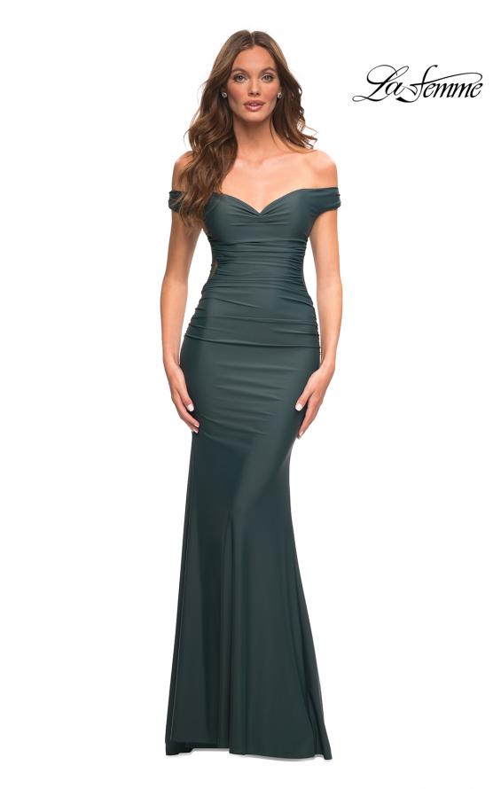 Picture of: Luxe Off the Shoulder Gown with Mesh Side and Back Panels in Dark Emerald, Detail Picture 7