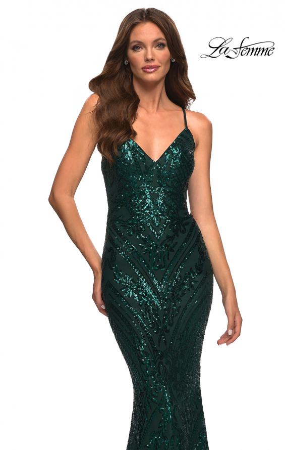 Picture of: Print Sequin Gown in Jewel Tones with V Neckline in Green, Style: 30496, Detail Picture 7