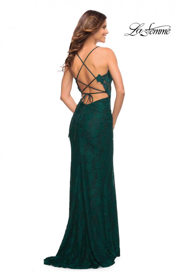 Picture of: Illusion Lace Gown with Deep V Neckline in Dark Emerald, Style: 30595, Detail Picture 7