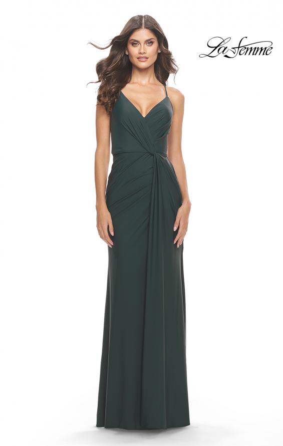 Picture of: Soft Jersey Dress with Knot Waist and Lace Up Back in Dark Emerald, Style: 31169, Detail Picture 7