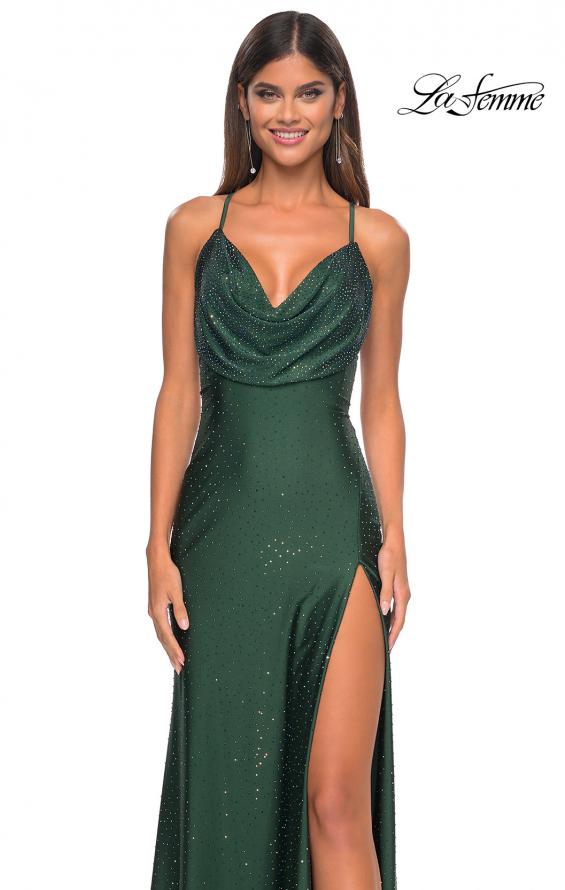 Picture of: Drape Neckline Jeweled Jersey Prom Dress with High Slit in Dark Emerald, Style: 31221, Detail Picture 7