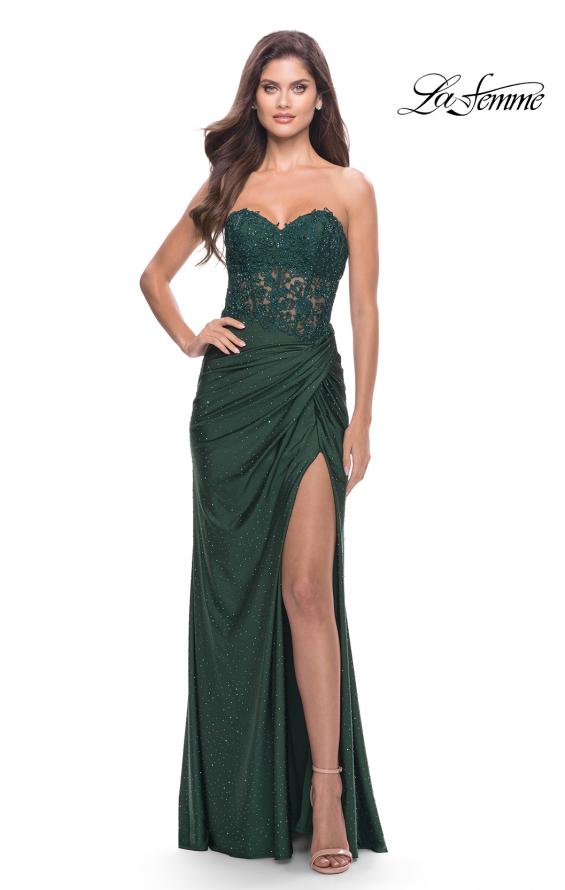 Picture of: Sheer Lace Applique Bodice Dress with Jersey Skirt in Dark Emerald, Style: 31343, Detail Picture 7