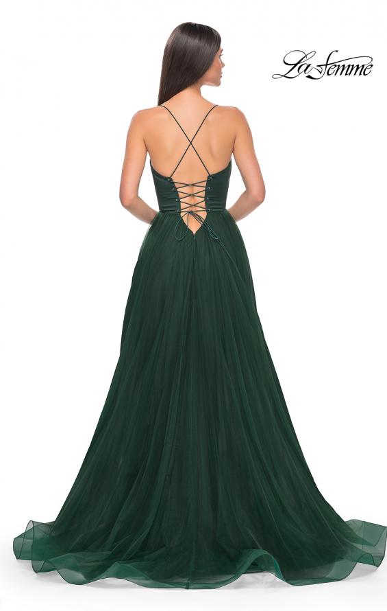 Picture of: Tulle A-Line Gown with Satin Bustier Top in Dark Emerald, Style: 32065, Detail Picture 7