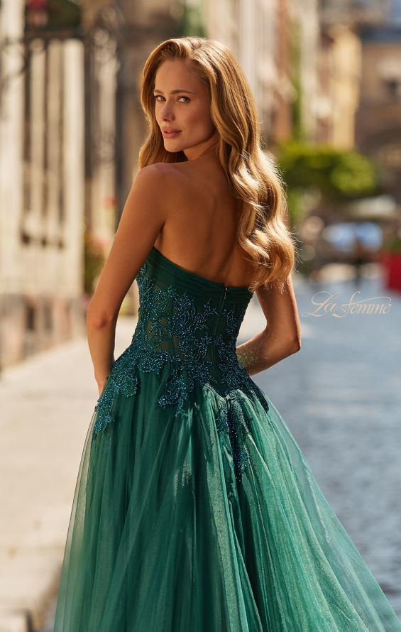Picture of: Strapless A-Line Gown with Embroidered Corset and Slit in Dark Emerald, Style: 33528, Detail Picture 7