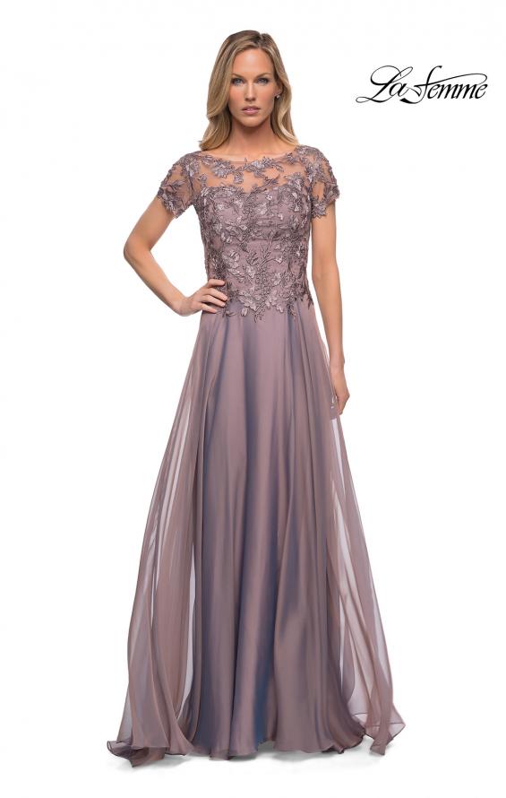 Picture of: Chiffon Evening Gown with Lace Bodice in Dark Mauve, Detail Picture 1