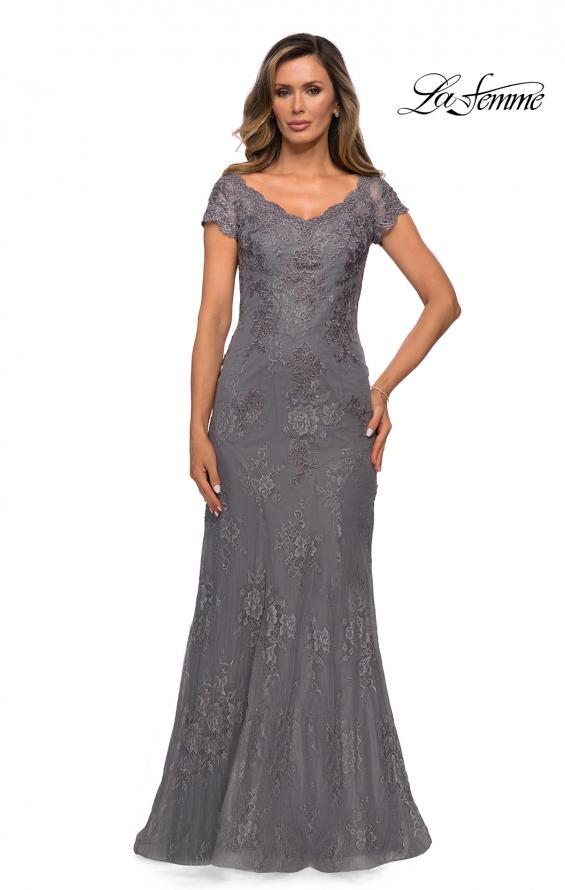 Picture of: Short Sleeve Lace Evening Dress with V Neckline in Dark Platinum, Style: 28099, Detail Picture 1