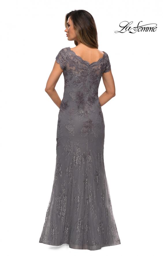 Picture of: Short Sleeve Lace Evening Dress with V Neckline in Dark Platinum, Style: 28099, Detail Picture 5