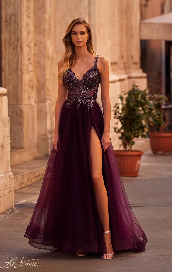 Picture of: Tulle A-Line Gown with Sheer and Beaded Lace Detail in Dark Berry, Style: 31471, Main Picture
