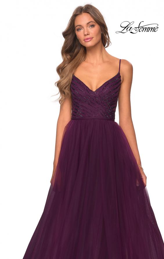 Picture of: Tulle A-line Dress with Patterned Rhinestone Bodice in Dark Purple, Style: 28511, Detail Picture 8