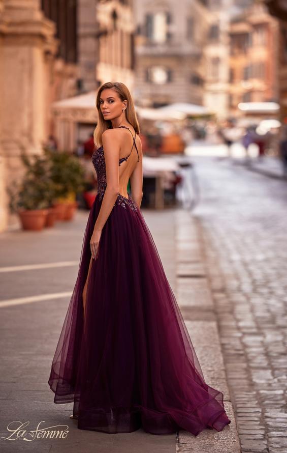 Picture of: Tulle A-Line Gown with Sheer and Beaded Lace Detail in Dark Berry, Style: 31471, Back Picture