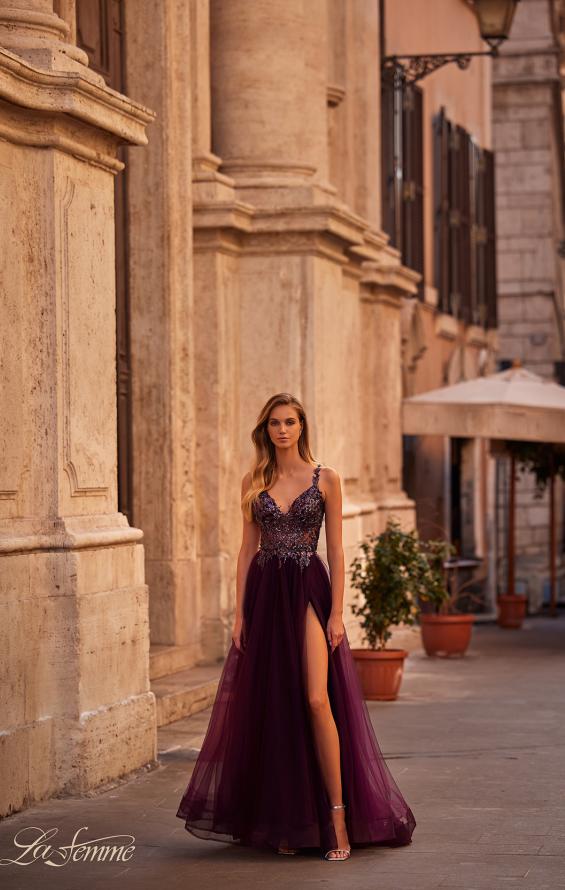 Picture of: Tulle A-Line Gown with Sheer and Beaded Lace Detail in Dark Berry, Style: 31471, Detail Picture 1