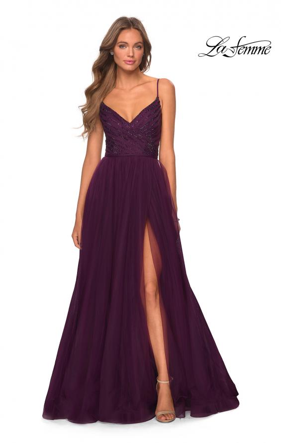 Picture of: Tulle A-line Dress with Patterned Rhinestone Bodice in Dark Purple, Style: 28511, Detail Picture 4