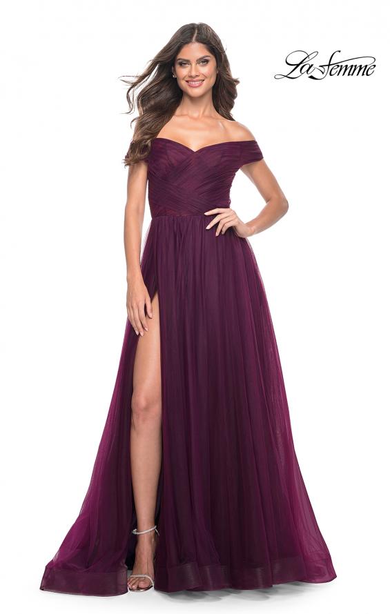 Picture of: A-Line Tulle Prom Dress with Off the Shoulder Top in Dark Berry, Style: 30498, Detail Picture 4
