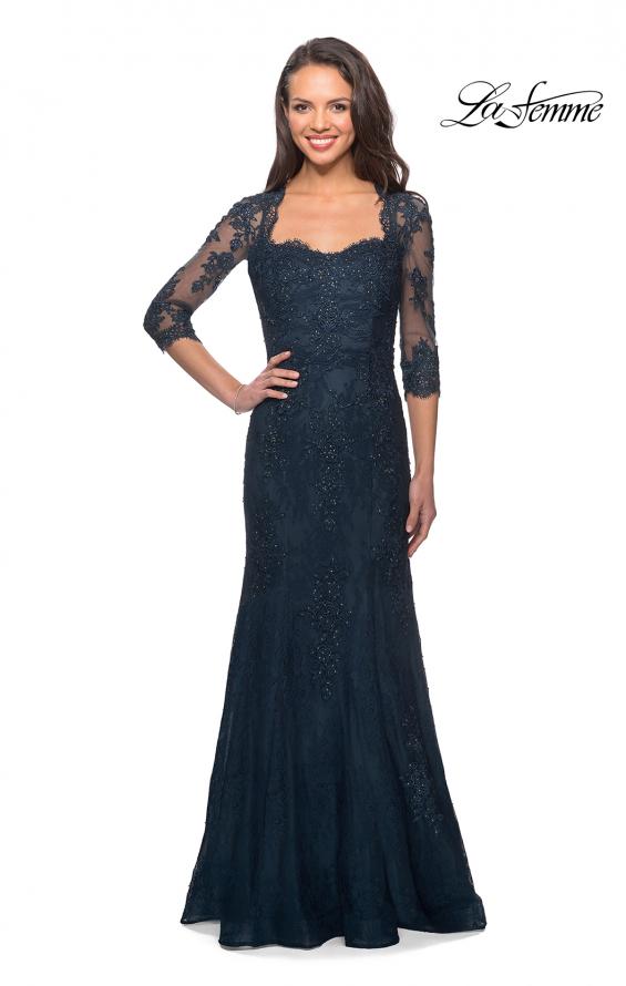 Picture of: Elegant Lace Gown with 3/4 Sleeves and Rhinestones in Dark Teal, Style: 25369, Main Picture