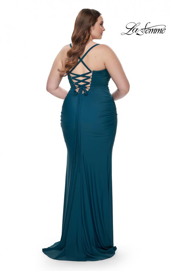 Picture of: Ruched Jersey Plus Dress with Lace Up Back in Dark Teal, Style: 32195, Back Picture