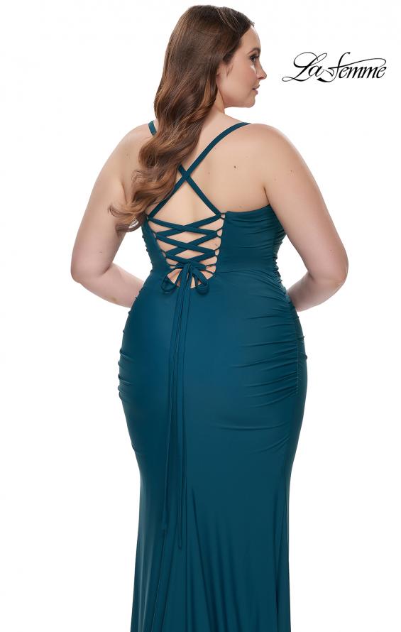 Picture of: Ruched Jersey Plus Dress with Lace Up Back in Dark Teal, Style: 32195, Detail Picture 5