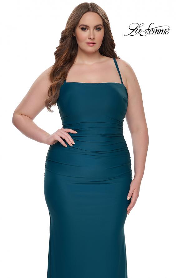 Picture of: Ruched Jersey Plus Dress with Lace Up Back in Dark Teal, Style: 32195, Detail Picture 6