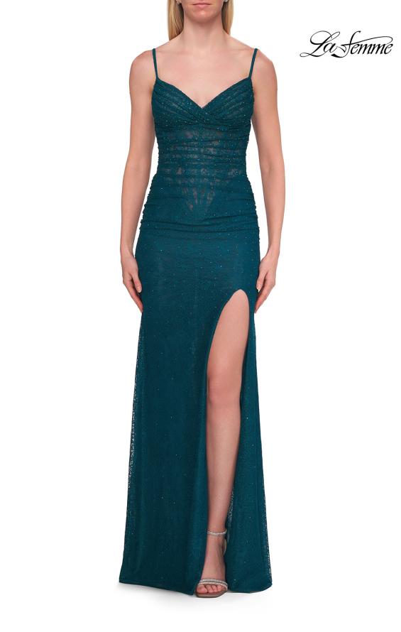 Picture of: Lace Fitted Gown with Sheer Corset Back and High Slit in Dark Teal, Style: 33305, Detail Picture 9