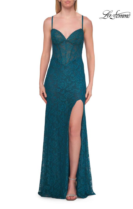 Picture of: Lace Fitted Gown with Slit and Crisscross Open Back in Dark Teal, Style: 33381, Detail Picture 9