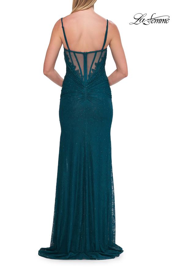 Picture of: Lace Fitted Gown with Sheer Corset Back and High Slit in Dark Teal, Style: 33305, Detail Picture 10