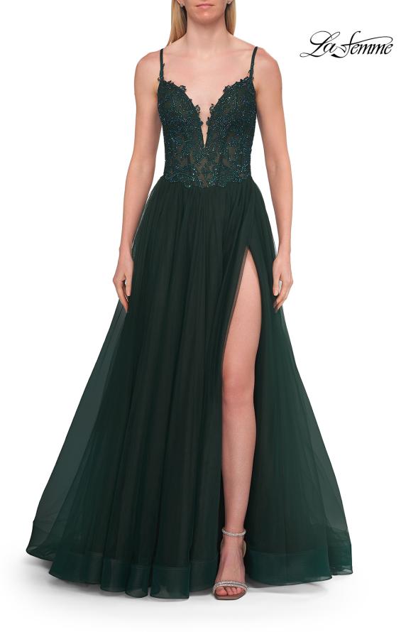 Picture of: Rhinestone Lace A-Line Gown with Sheer Bodice and Slit in Dark Teal, Style: 33674, Detail Picture 10
