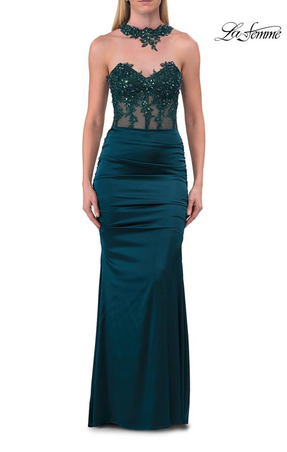 Picture of: Beaded High Neck Lace-Up Jersey Gown in Dark Teal, Style: 33696, Detail Picture 10