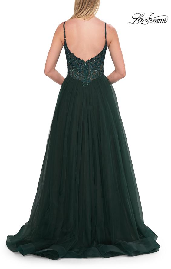 Picture of: Rhinestone Lace A-Line Gown with Sheer Bodice and Slit in Dark Teal, Style: 33674, Detail Picture 11